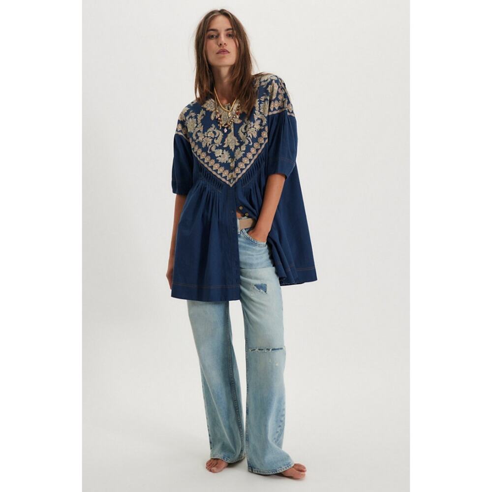 NEW Free People Orson Indigo Combo Blue Button Front Cotton Mini Dress Medium
